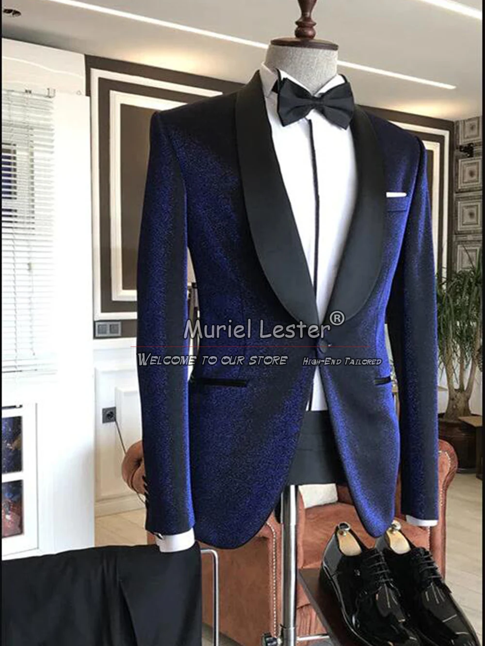 Sparkly Navy Blue Wedding Suits Black Shawl Lapel Bespoke Groom Tuxedos Formal Party 2 Pieces Dinner Prom Blazers Customized