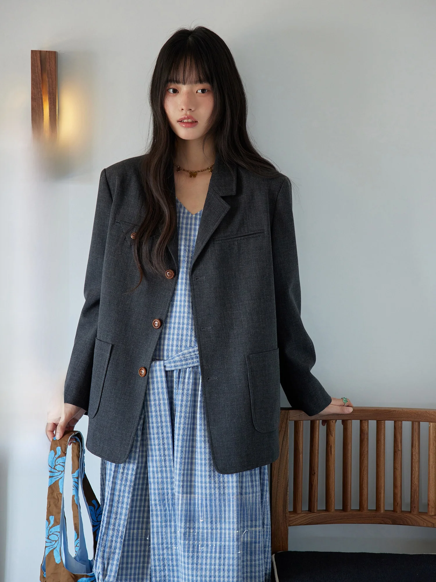 

ORWhite Винтажный свободный женский пиджак с глубоким V-образным вырезом, модный, универсальный, с длинными рукавами, на одной пуговице, для повседневной носки