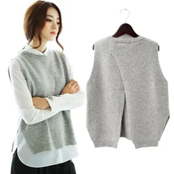 cashmere cotton blended knitted pullover sweater vest for women casual sleeveless back split knitwears