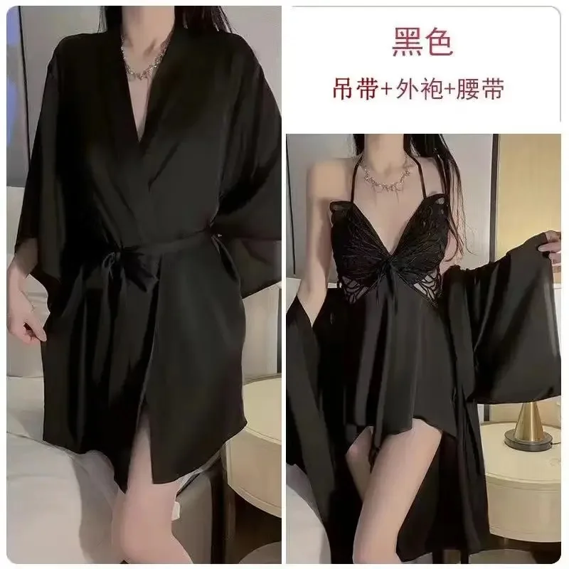 

Sexy Deep V Night Dress Perspective Lace Nightgow Women's Lingerie Backless Bow Decoration Nightwear Silk Nightdress Homewear