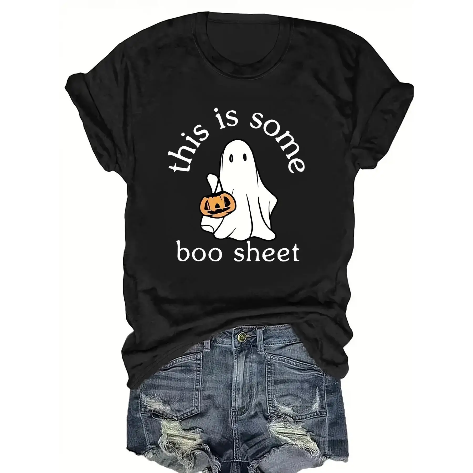 

Women's "This Is Some Boo Sheet" Funny T-shirt, Cute Ghost Graphic Print Tops, Halloween Costume Crewneck