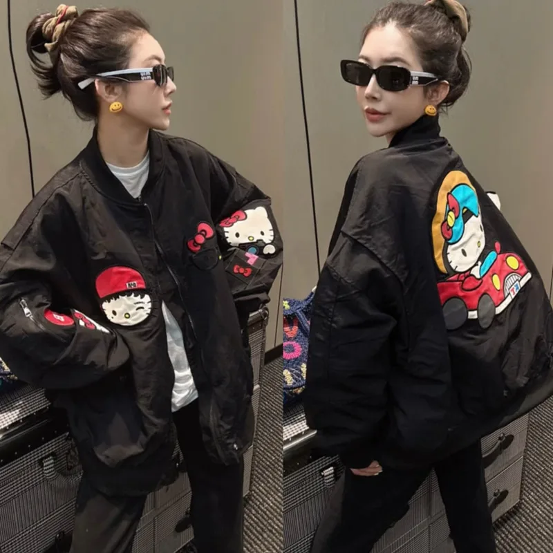 

MINISO Embroidery Hellokitty American Retro Baseball Jacket Zipper Streetwear Black Coat Multipocket Loose Coat Women Outerwear