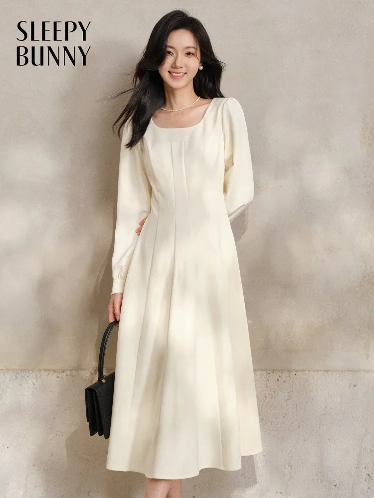 

Women French Vintage Midi Dress Square Neck Spring Waist Cinched Slim Fit Flowy Long Dress for Lady Elegant Daily Casual Wear