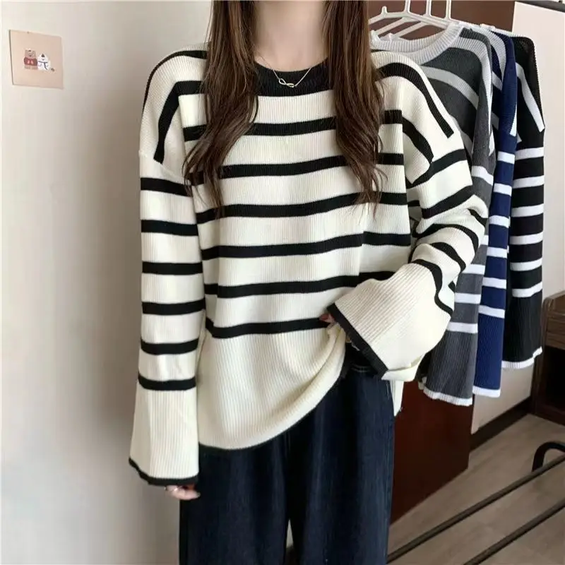 

Korean Retro Loose Knit Shirt 2023 Spring and Autumn New Lazy and Gentle Casual Stripe Inner and Outer Top