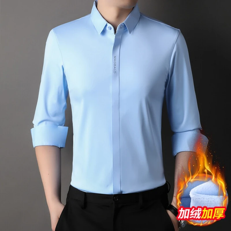 

Ультраэластичная мужская двубортная бесшовная рубашка, флисовая подкладка, бестселлер для прямой трансляции, темно-синий, белый, серый, черный ​ ​