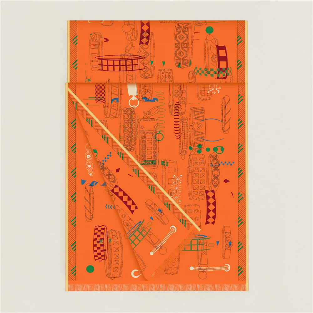 POBING 30% Silk 70% Cashmere Scarf Women Double Printed Long Scarves Wraps Tassel Bandana Big Hijabs Female Foulards 180CMx 70CM