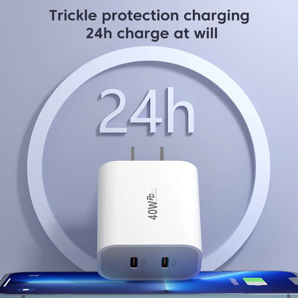 PD 40W Type C Charger Dual USB C Mobile Phone Charger EU/UK/US Plug Fast Charging Adapter For iPhone Xiaomi Samsung Huawei Phone