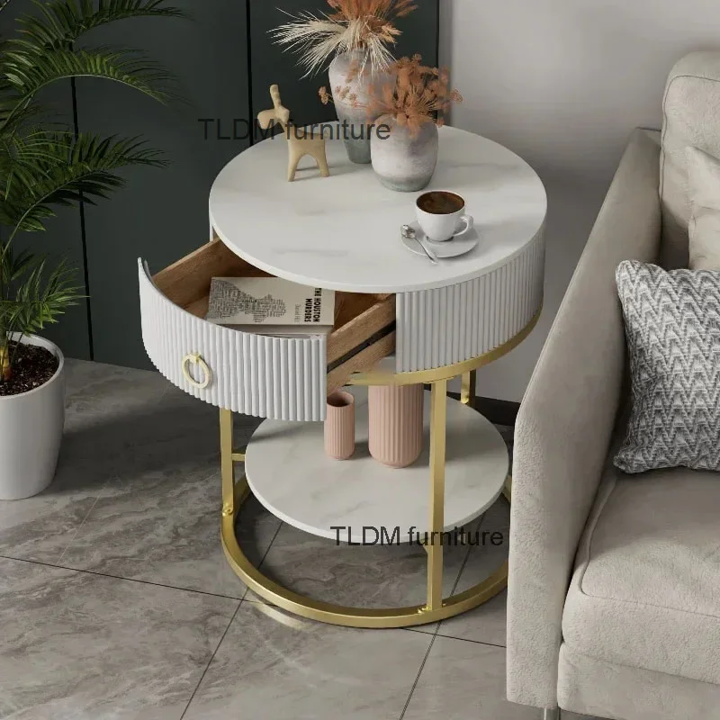 Light Luxury Round Rock Slab Nightstands with Drawer Bedroom Bedside Table Modern Home Furniture Living Room Creative Side Table