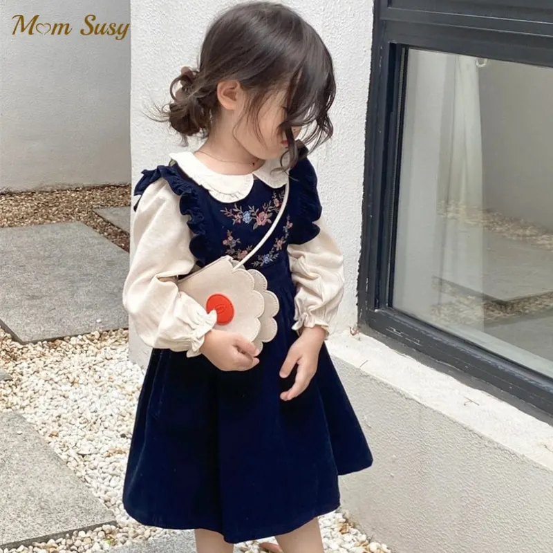 Fashion Baby Girl Cotton Shirt Corduroy Vest Dress Infant Toddler Child Spring Autumn Embroidery Dress Baby Clothes 1-10Y