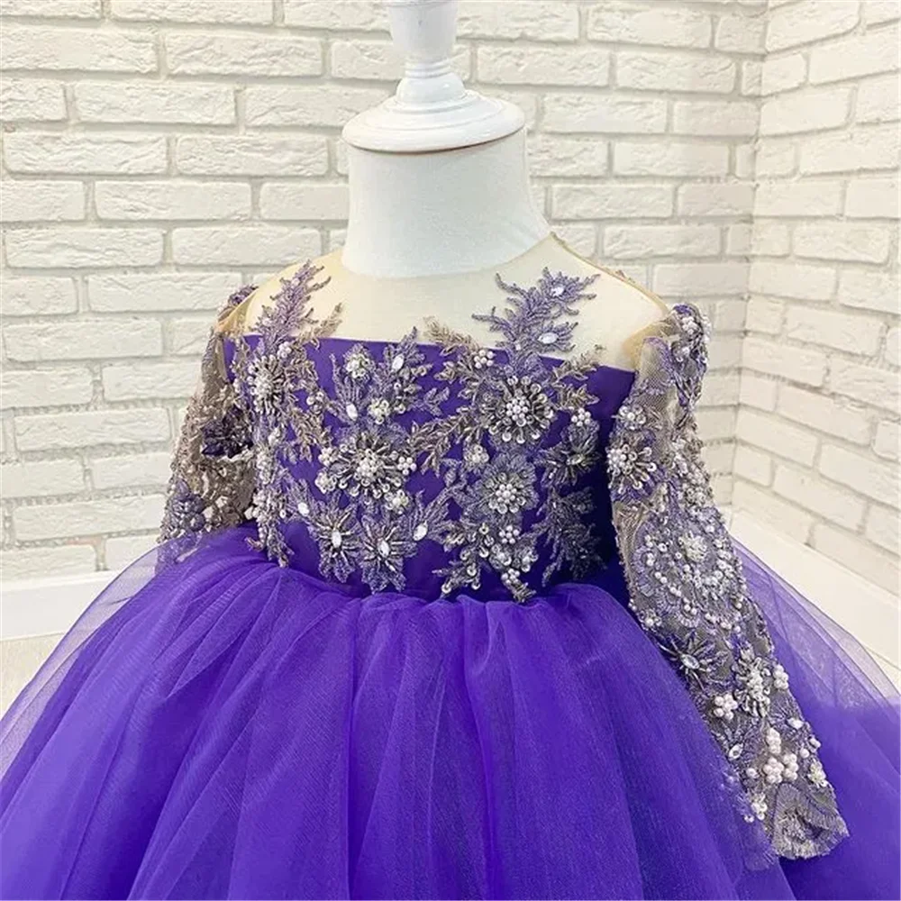 Lace Beaded Flower Girl Dress Ball Gown Sheer Neck Long Sleeves Lilttle Kids Birthday GIFT Pageant Weddding Dresses  Gowns