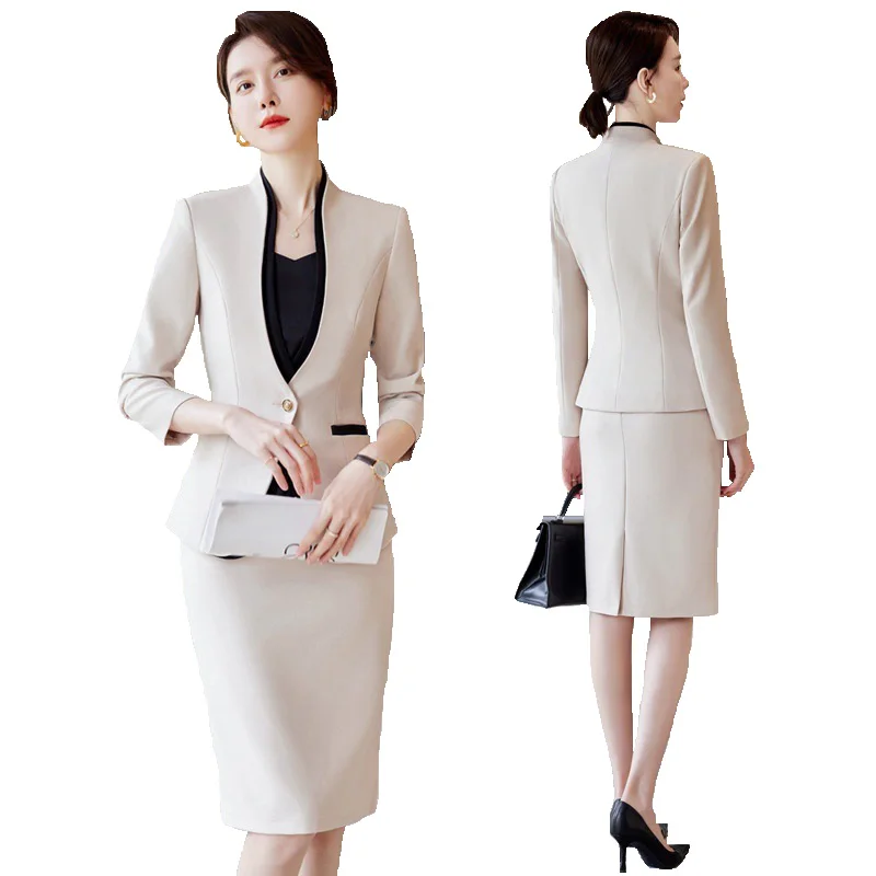 Apricot Skirt Suits Women New Spring Fashion Temperament Business Formal Blazer And Skirt Sets Office Ladies Work Wear Black