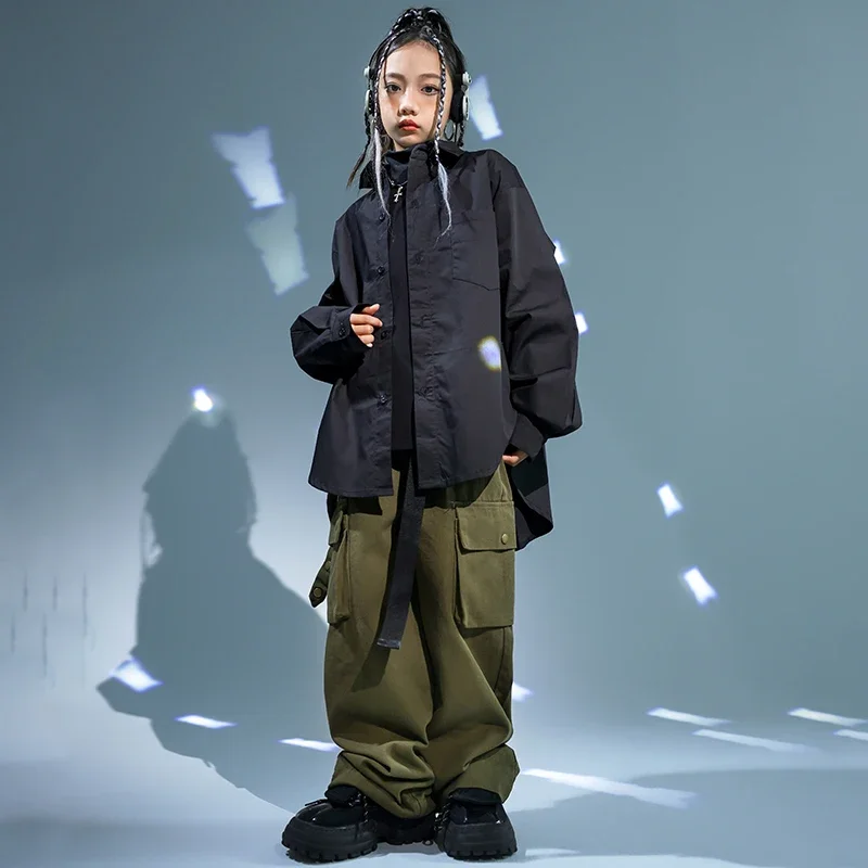 Kinder Hip Hop Kleidung Schwarze Jacke Mantel Casual Street Strap Cargo Hosen für Mädchen Junge Jazz Dance Kostüm Teenager Kpop Kleidung