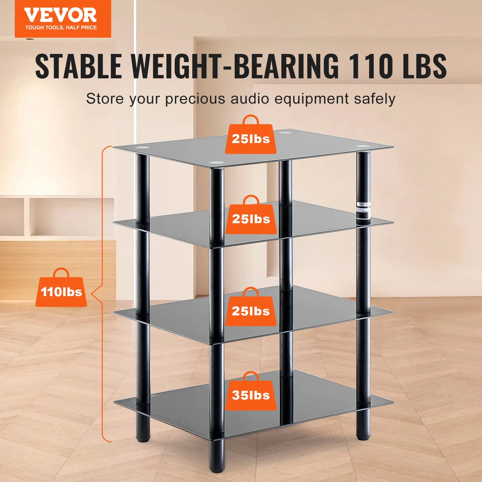 VEVOR 4-Tier AV Media Stand Audio/Video Stand with Strengthened Tempered Glass Shevles for DVD Adjustable Media Storage Cabinet