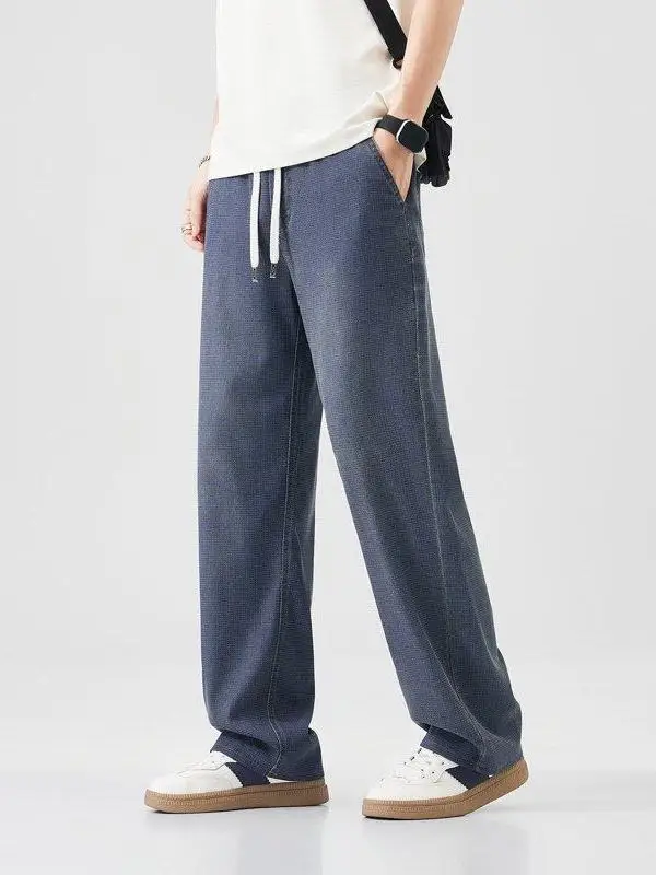 

High-Quali Silk Men's Jeans Spring Summer Thin Loose Straight Casual Pants Drape Large Size Trendy Brand Dstring Waist