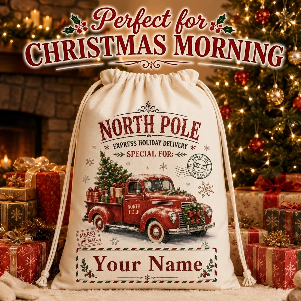 1Pc Customized Name/Text Christmas Imitation Hemp Gift Bag,Express Truck Pattern Drawstring Closure Storage Bags,Party Candy Bag