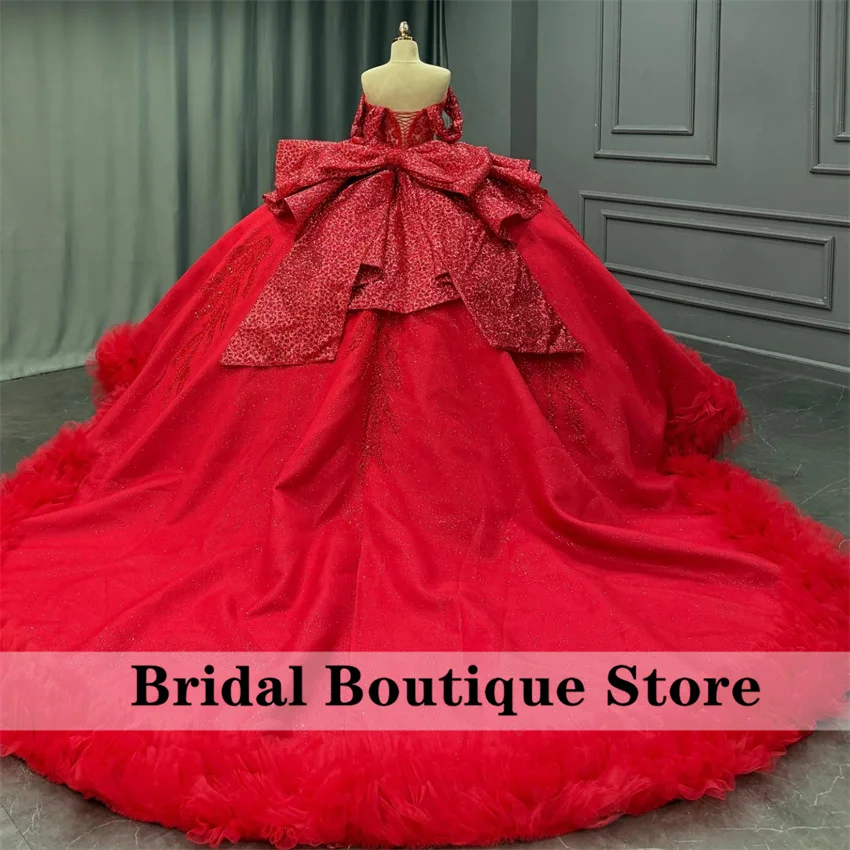 Robe de Quinceanera rouge avec nœud en cœur, robe de bal avec des appliques de perles, robe de luxe pour fête d'anniversaire, à volants, personnalisée, 16 ans, 2026