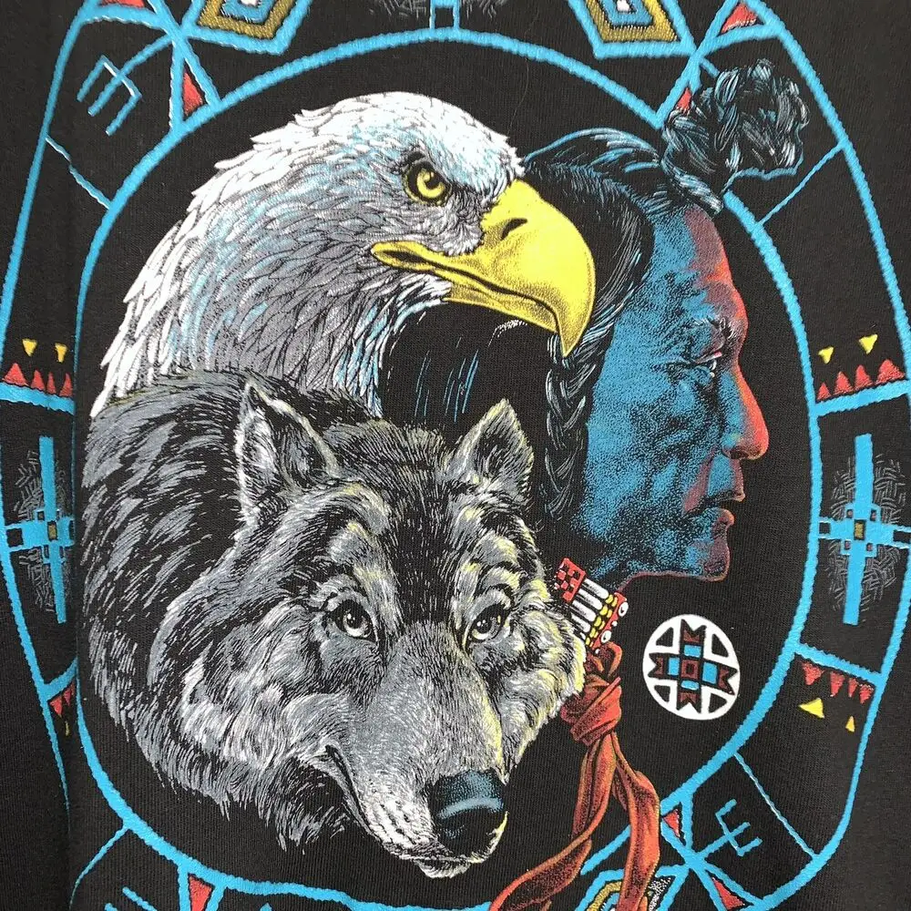 Vintage Wolf Bald Eagle Native Colorado Tee Black T-Shirt 90s USA Made Sz Large