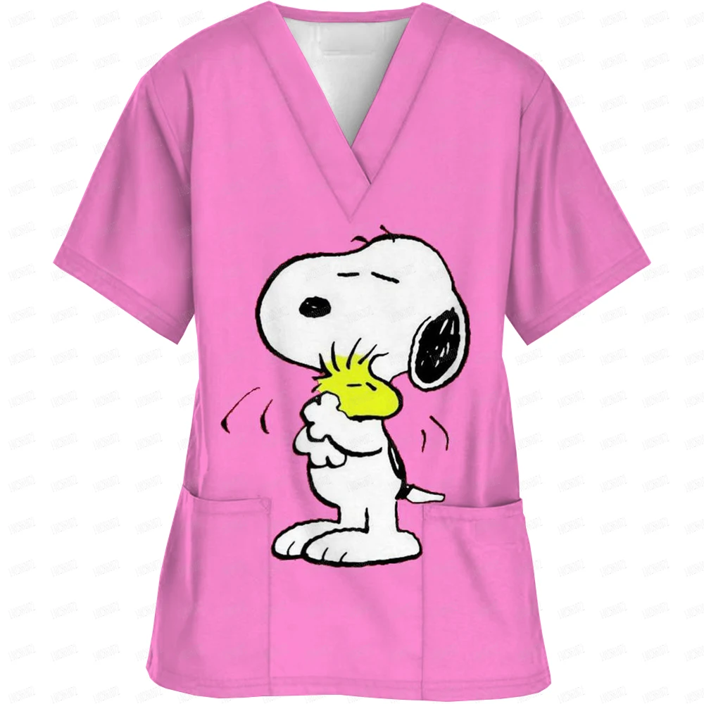 Nurse Uniform Women Short Sleeve Snoopy print Working Uniform Pocket Blouse Scrubs Tops Nursing Medical Uniforms Accessories