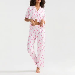 Women's 2 Piece Lounge Wear Sets Stripe Strawberry Print Short Sleeve Shirts and Wide Leg Pants for Sleepwear Sets Pajamas