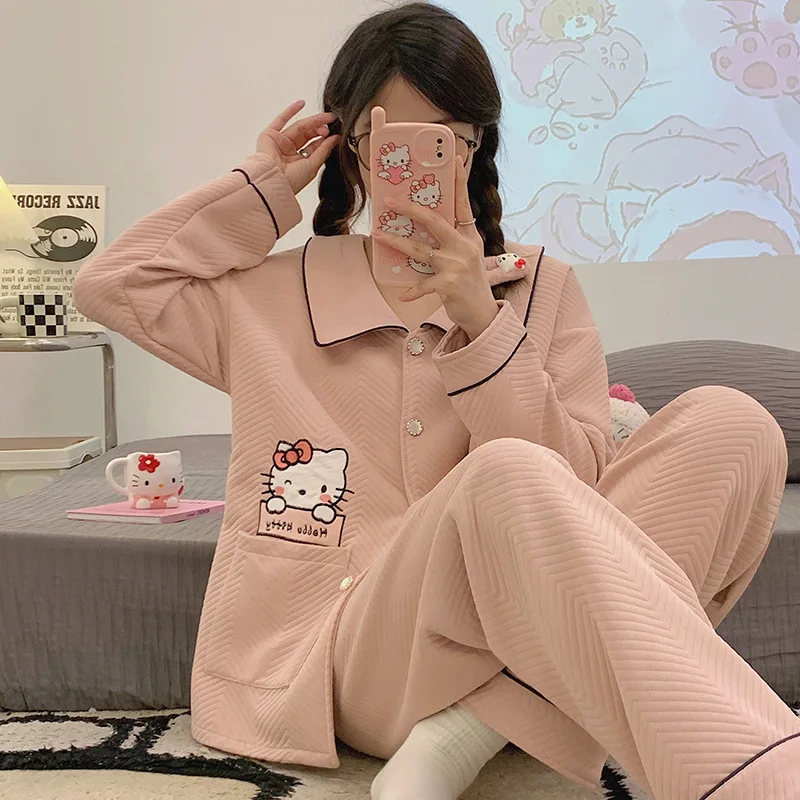 Sanrio Hello Kitty thickened pajamas women's air cotton interlayer autumn and winter cute warm loungewear can be worn outside