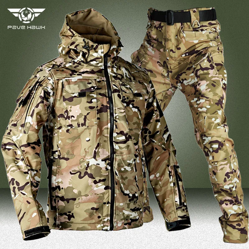 Camo Fleece Warm Sets Men Shark Skin Soft Shell Hooded Jacket+Multi-pocket Straight Cargo Pant 2 Pcs Suit Waterproof Combat Set