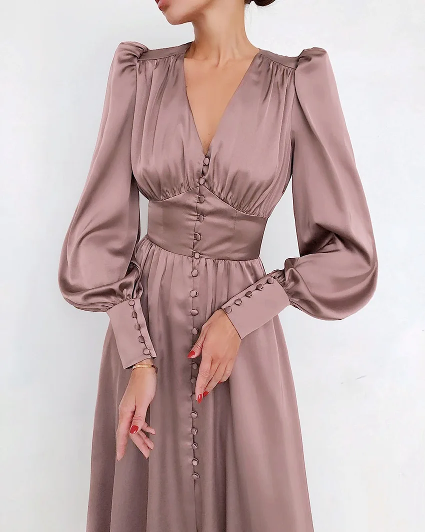 Robe mi-longue élégante pour femmes, Vintage, taille haute, lanterne décontractée, manches longues, robes moyennes, tendance, violet, blanc