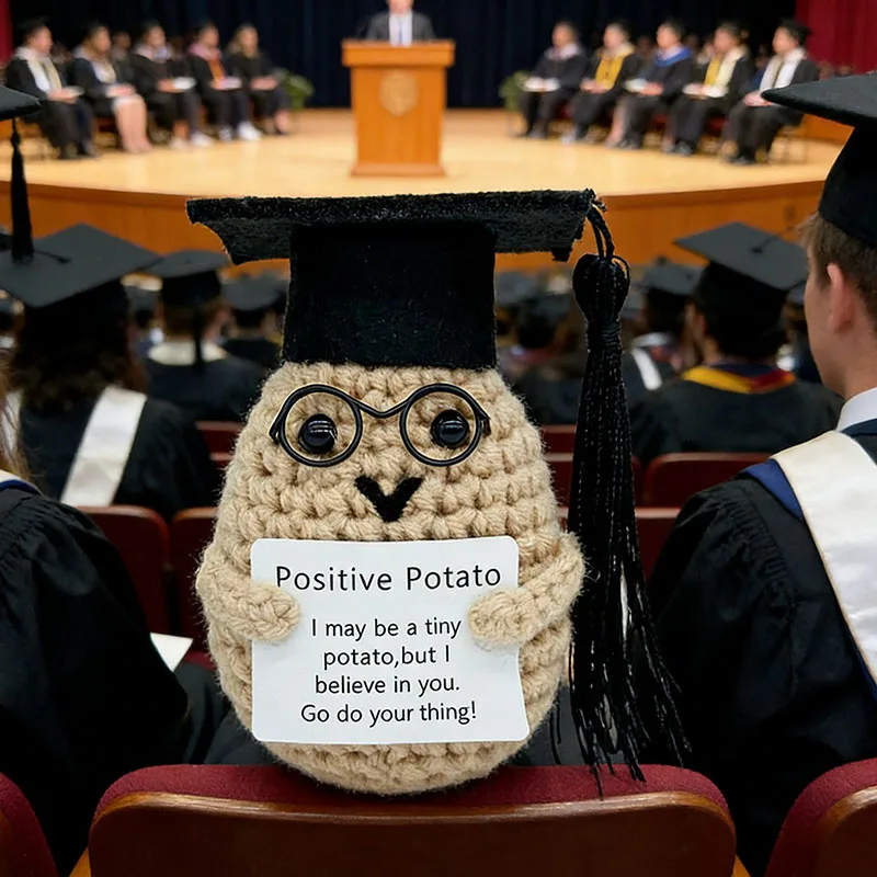 Graduation Gift Crochet Positive Potato Doll With Cap Handmade Knitted Yarn Toy Inspirational Cheer Up Gift For Students Friends