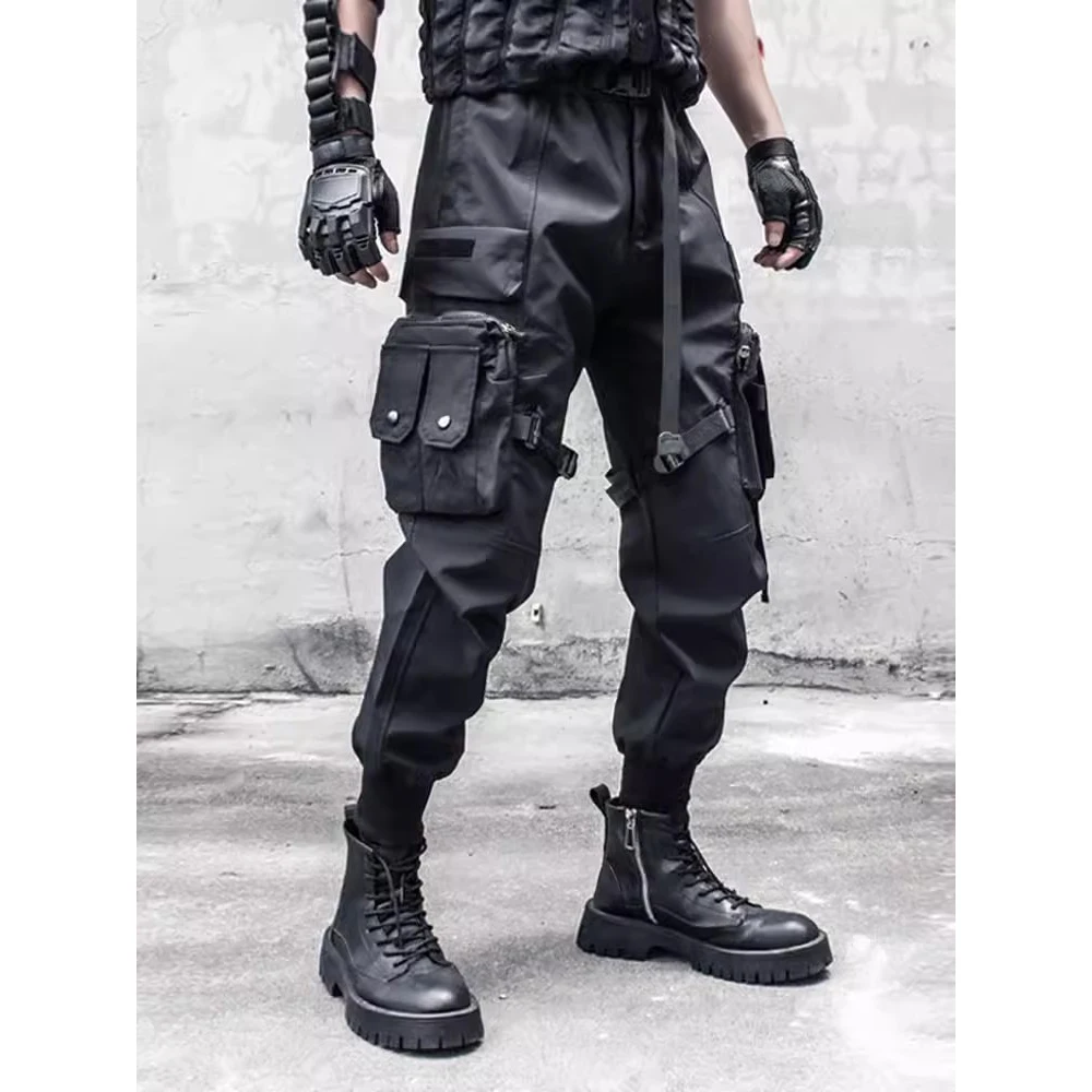 2024 Tactical Cargo Pants Men Fashion Multi Pocket Functional Trousers Elastic Waist Hip Hop Streetwear Pants Black