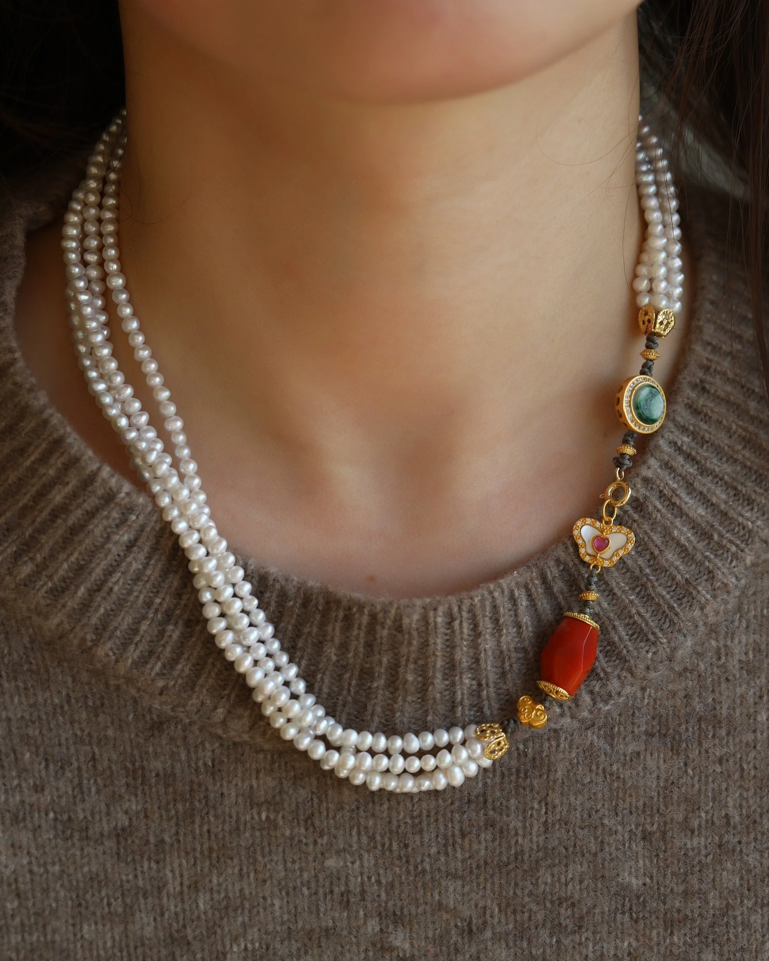 

Natural Freshwater Pearl Multi-Strand Necklace, Gold-Plated Silver with Jadeite Zircon Shell Tourmaline Butterfly & Red Agate
