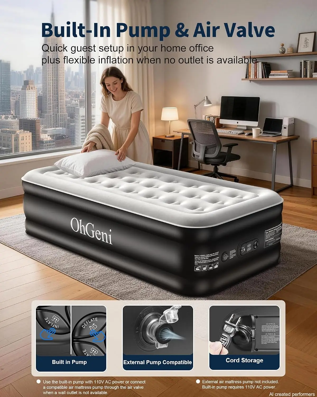 20" Raised Twin XL Air Mattress with Built-in Pump, Inflatable Blow Up Bed for Home Camping Guests, 500lbs Capacity view 4