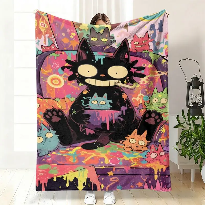 VIKAMA Black Cat Flannel Blanket for Bedroom Dormitory Nap Sofa Throw Blanket Air Conditioner Camping Travel Blanket Home Decor