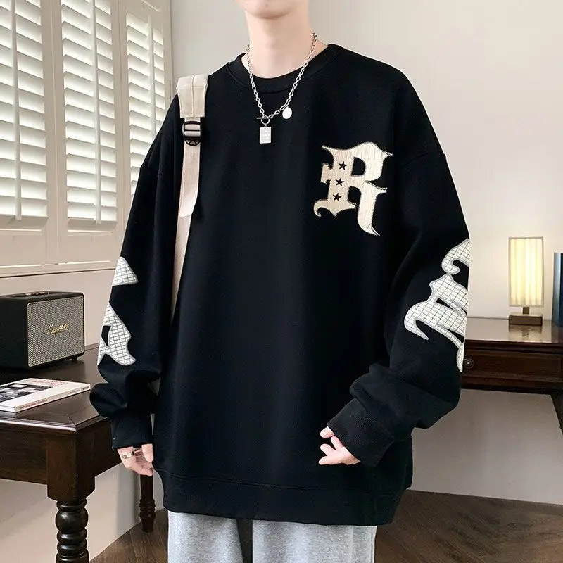 

Young Style Letter Loose Hoodies Men's Clothing Casual Round Neck Spring Autumn Fashion Embroidery Long Sleeve Basic Sweatshirts