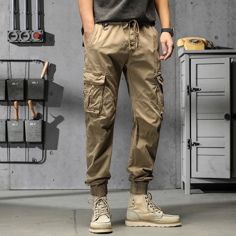 2023 New Cotton Multi-Pockets Cargo Pants Men\'s Slim Fit Joggers Streetwear Casual Trousers Elastic Waist Quality Pantalones