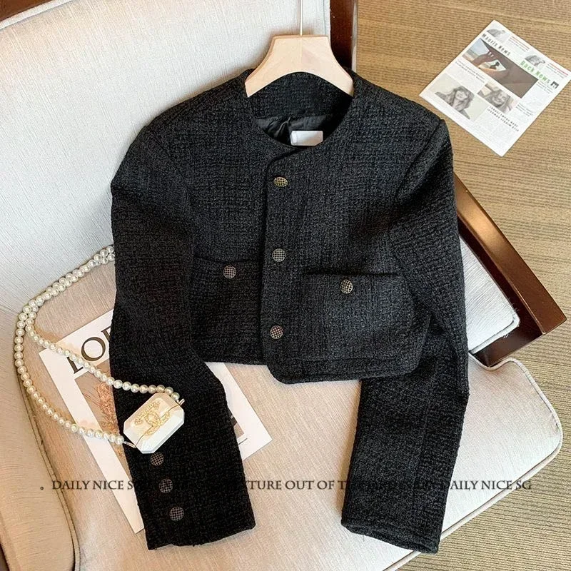 

2024 Autumn New Women Tops Jacket French Elegant O Neck Long Sleeve Single Breasted Black Short Tweed Jackets Coats Female