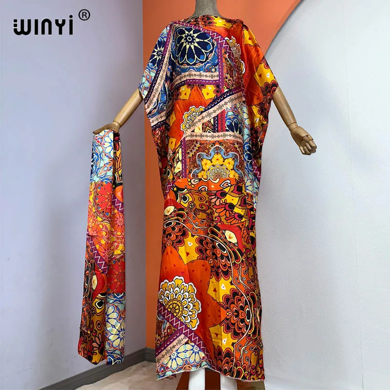 

WINYI 2023 Bohemia new print Africa dress Muslim Dashiki Caftan holiday Design With belt evening dress turkey dresses for women