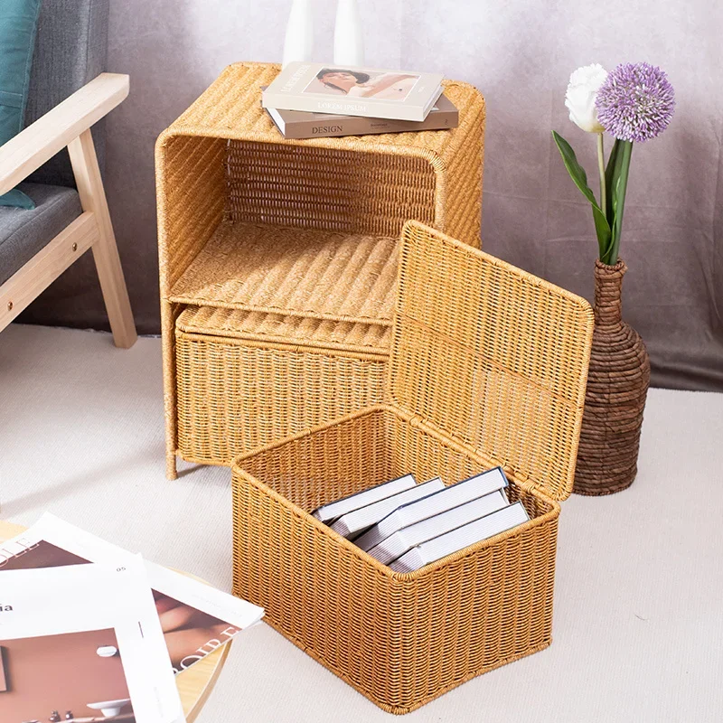 Vintage Rattan Woven Storage Chest of Drawers Side Table for Living Room Bedroom Household - Wicker Storage Rack for Home Use