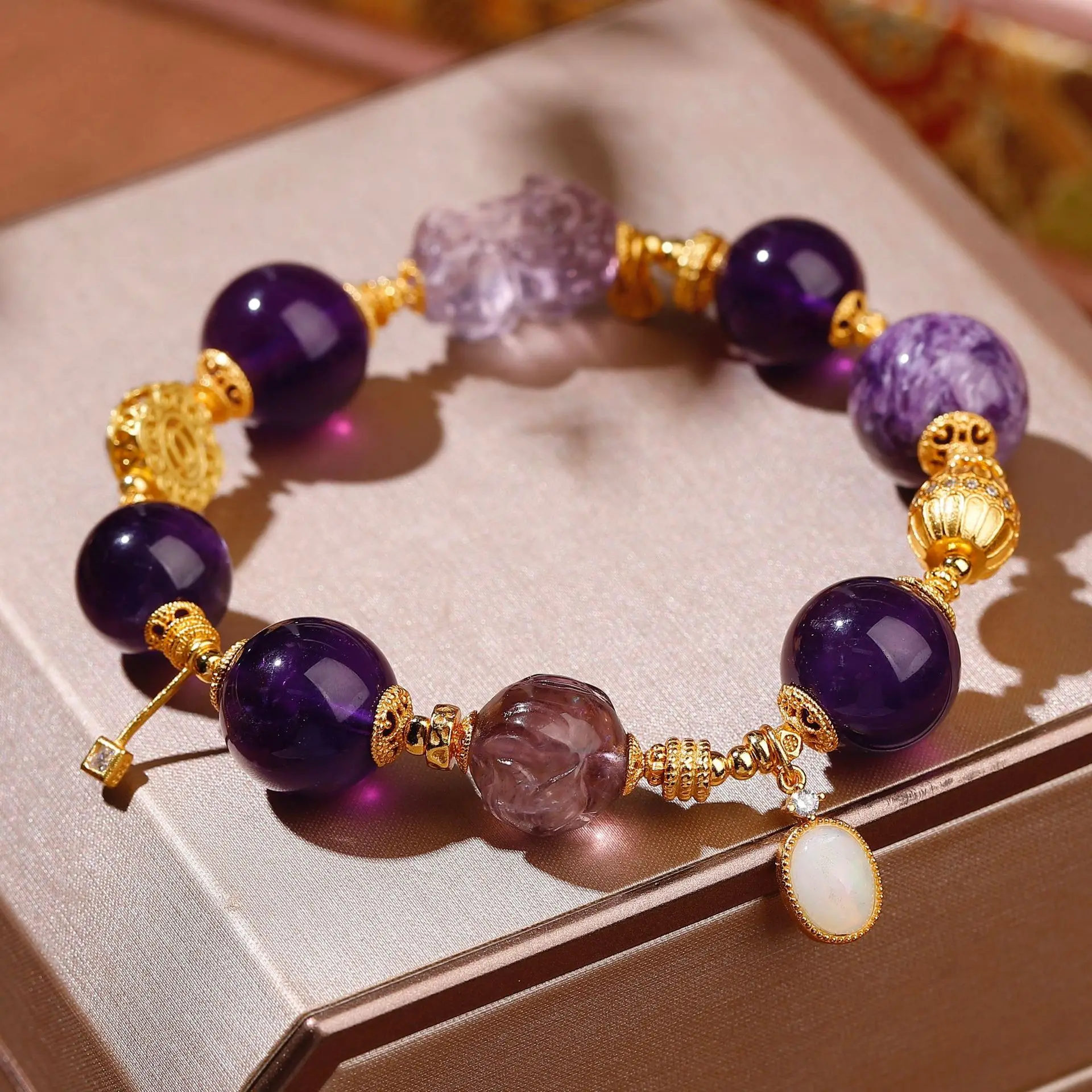 

Amethyst & Charoite Bracelet Pi Xiu Beast, Silver Gold Plated Hetian Jade Opal Chinese Style