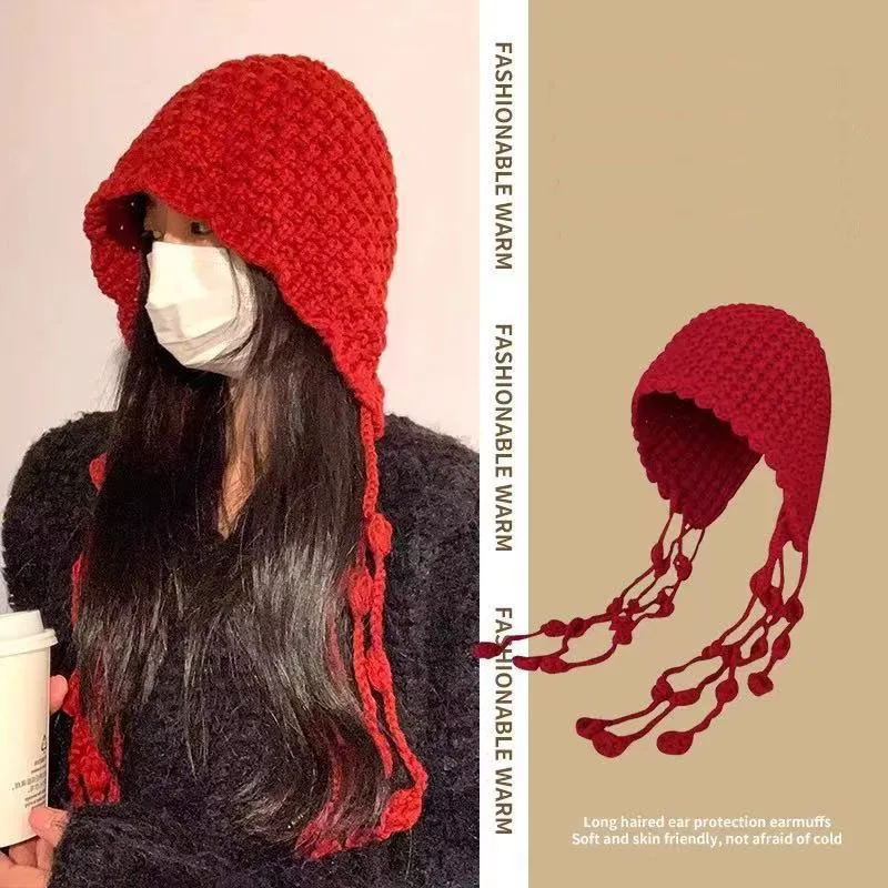 

Women's Knitted Winter Hat with Tassel - Soft Beanie, Openwork Headband, Warm Thick Knit Cap for Cold Weather