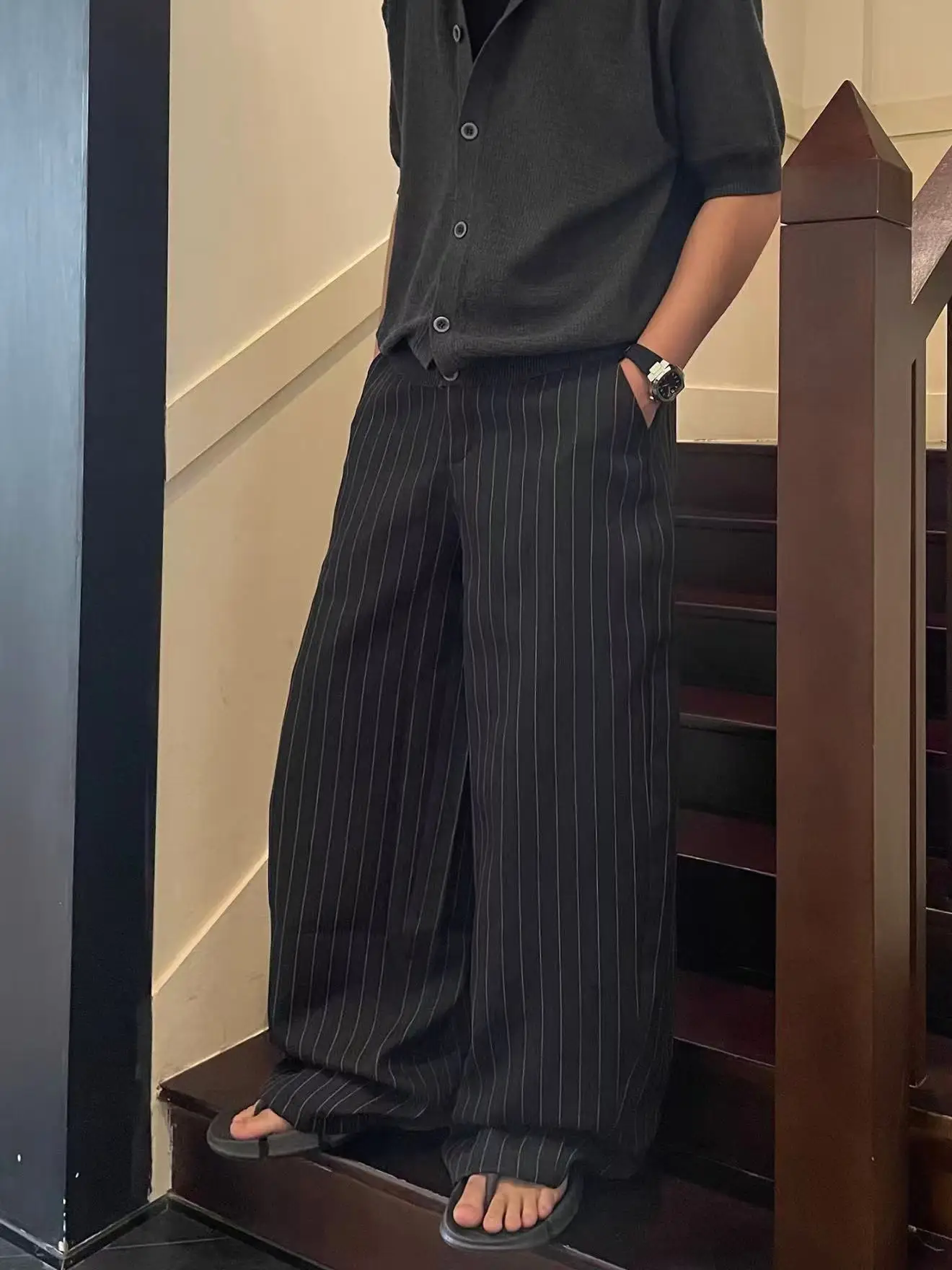 

Retro Striped Wide Leg Knife West Pants Men Women Loose Casual Loose Feelings High End Pants Straight Tube Polyester Fiber