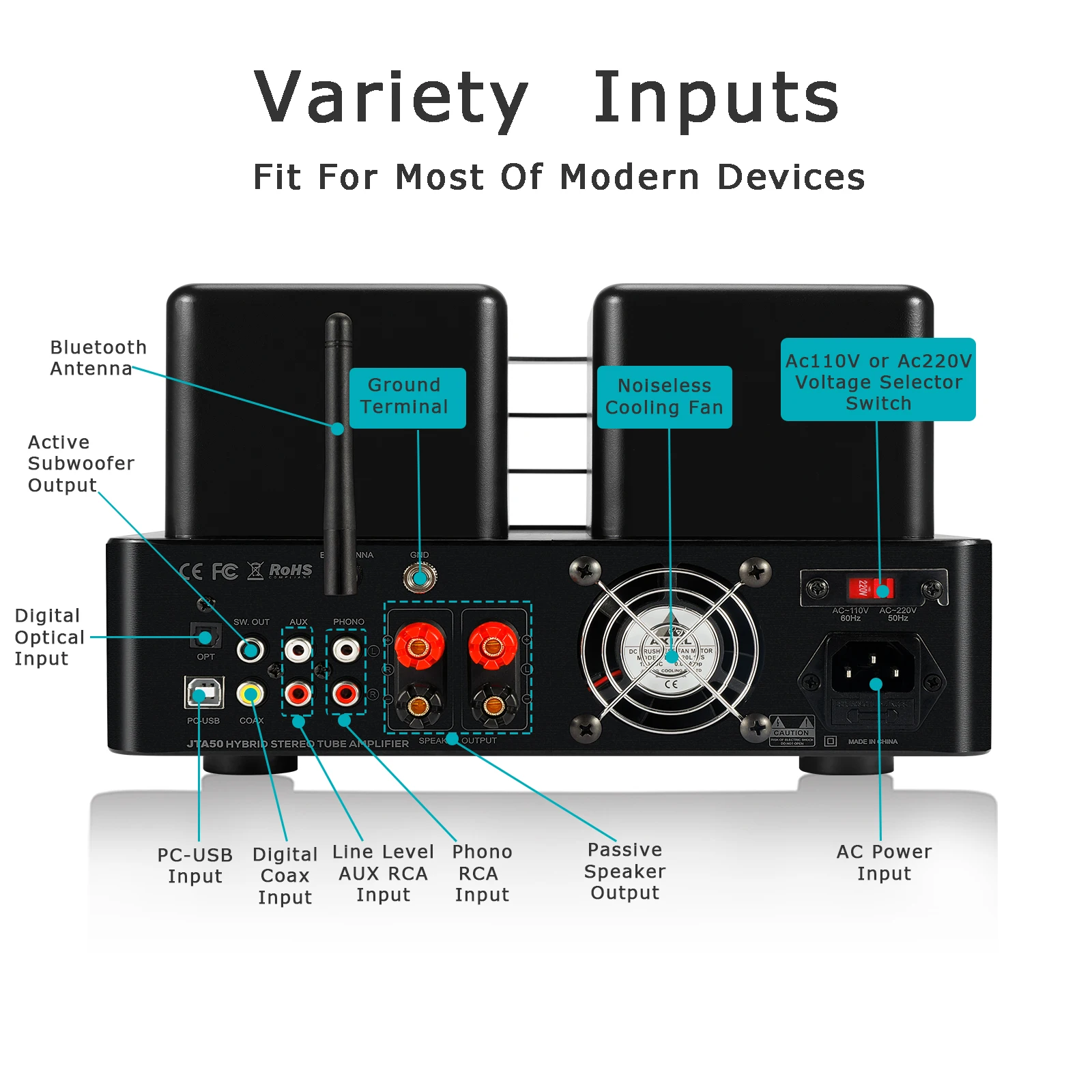 Juson Audio JTA50 Integrated Stereo Hybrid Tube Amplifier BT5.0 USB RCA Opt Phono Audio Receiver RMS130W