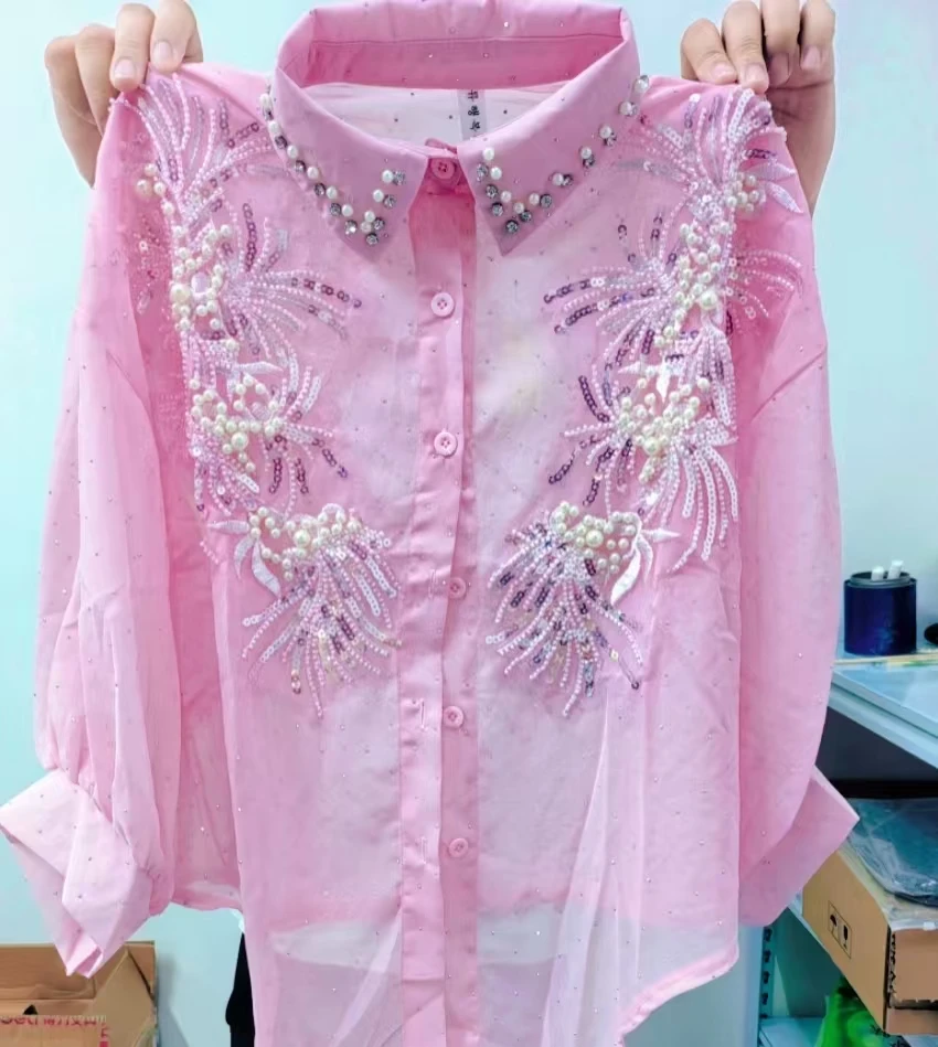 Blusas de Moda con Brillo y Diamantes para Mujer, Camisas Cortas con Protección Solar, Primavera Verano 2026, Ropa Femenina