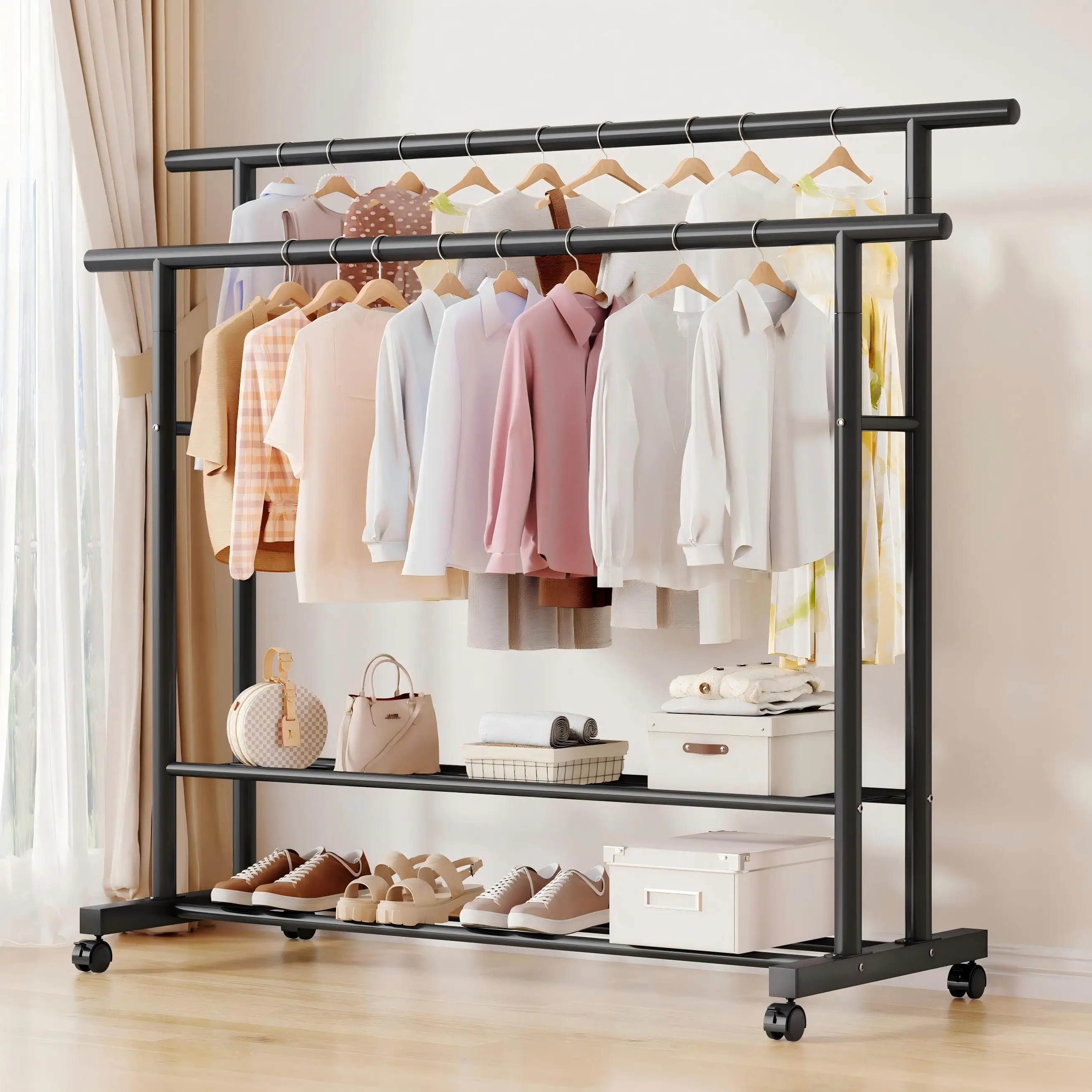 

Large capacity movable double rod cloth rack coat rack