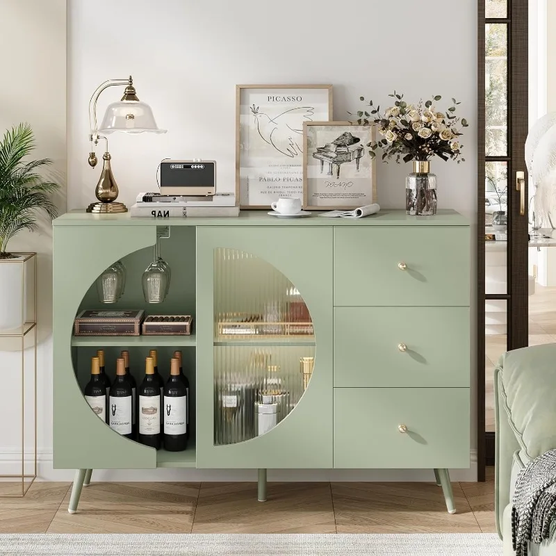 Coffee Bar Cabinet with Fluted Glass Door, Modern Cream Style Buffet Sideboard with Wine Glass Rack