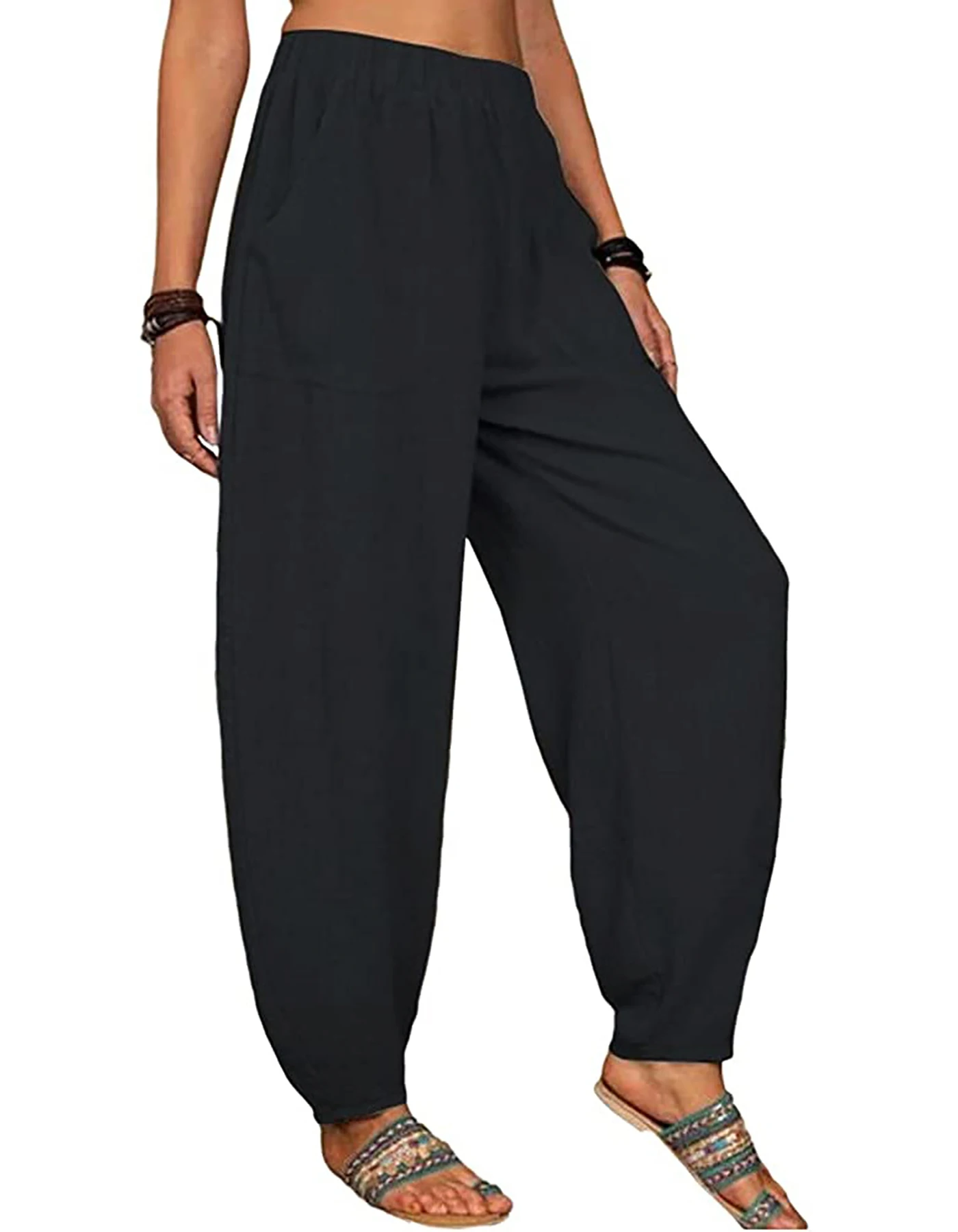 Damenmode Boho Haremshose Lässige Weite Hose mit Elastischem Bund und Seitentaschen in Unifarbe für den Alltag – Detail 4