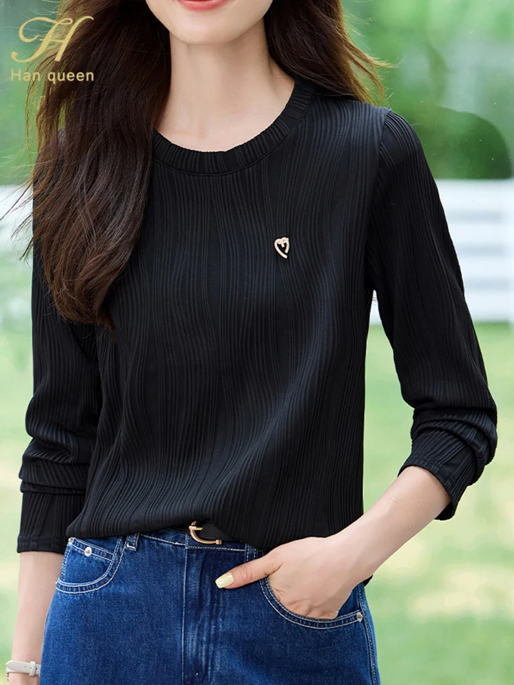 

H Han Queen Autumn Long Sleeve Korean Fashion Shirts Textured T-Shirt Women's Design Loose Slimming Versatile Pullover Top
