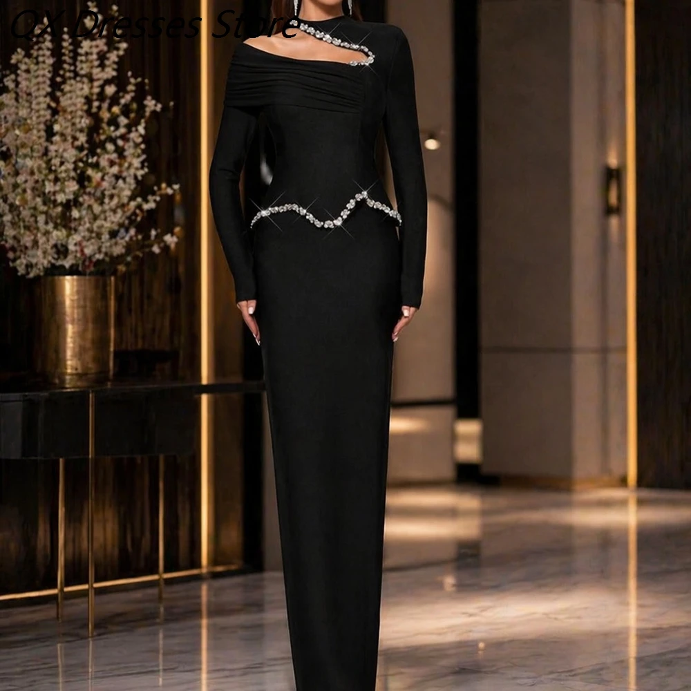 

Women's Straight Evening Dresses Ankle-length High-neck Full Sleeve Prom Dresses Simple Fashion Crystal Pleat Customized Gowns