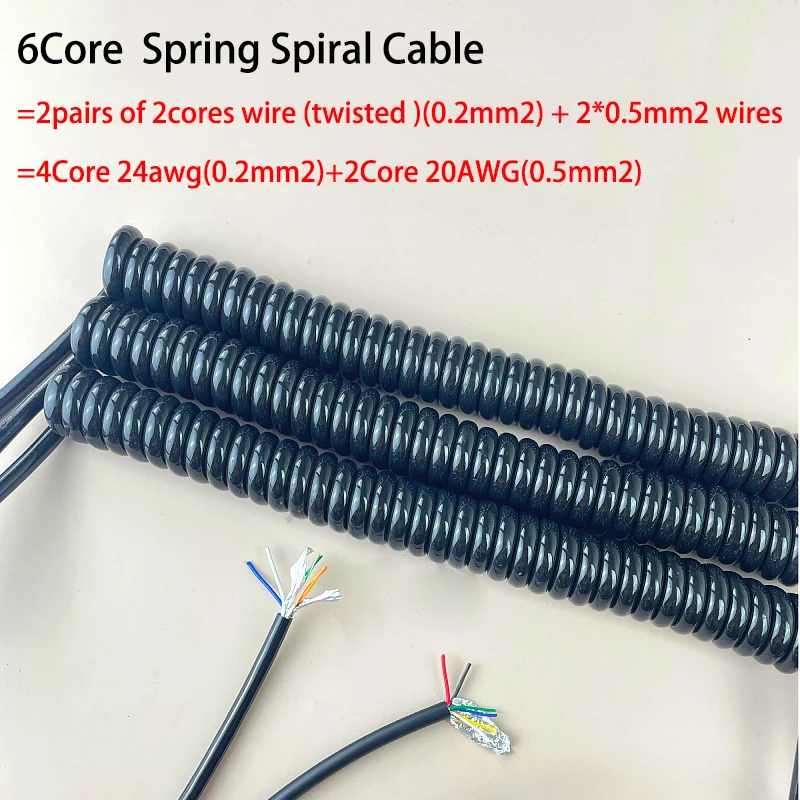 6Core PUR Spring Spiral Wire 4Core Network Wire twisted pair and 2Core 0.5mm2 Power Cable Shrinkable Cable Telescopic Wire