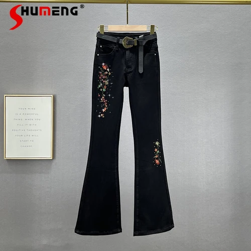 

Embroidered Jeans Women's Autumn Black Flare Jeans 2023 New High Waist Slim Slimming Diamond-Embedded Bell-Bottom Pants Trousers