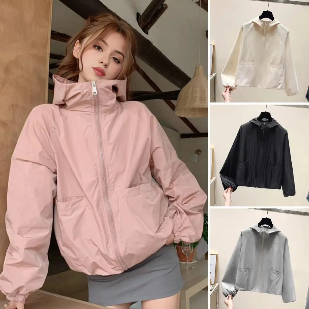 Women Fall Spring Coat Loose Pure Color Zip-up Long Sleeves Hooded Pockets Smooth Surface Travel Outdoor Jacket