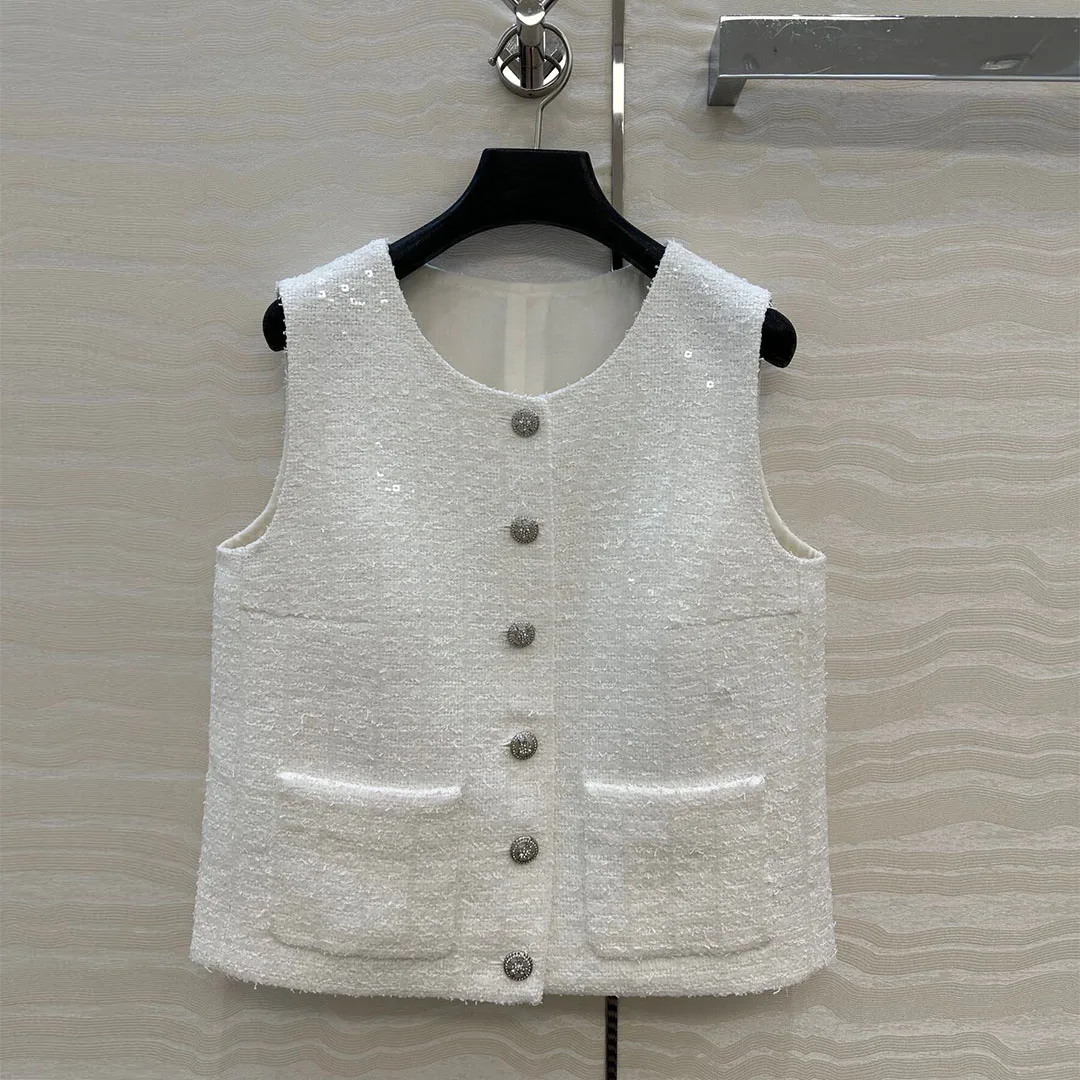 

2025 New Autumn White Sequins Embroidery Sweet Vintage Tank Tweed Jacket Women O-neck Diamonds Buttons Sleeveless Short Vest